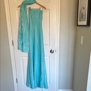 Elegant Aqua Blue Gown with Shawl